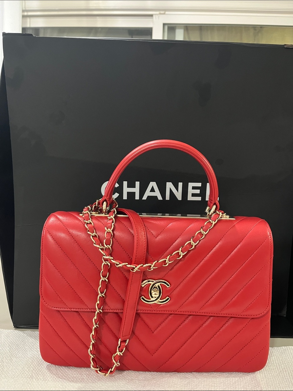 CHANEL Red Chevron Quilted Top-Handle Satchel with Gold Chain